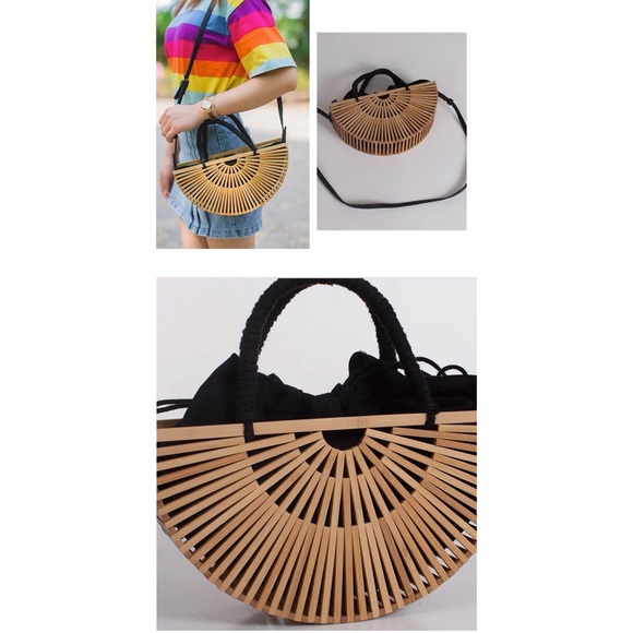Black braided bamboo handbag with canvas bag - Picture 8 of 13